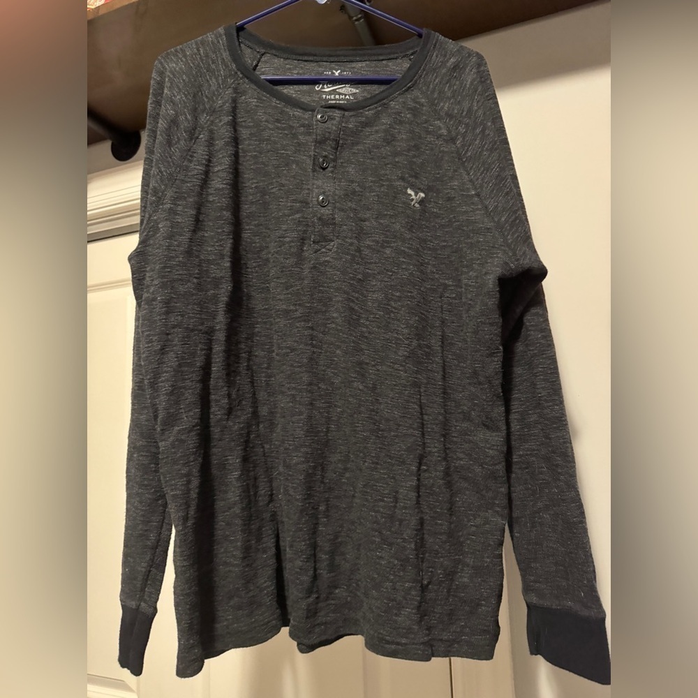 American Eagle Thermal Black/Charcoal Long Sleeve Henley Size XL